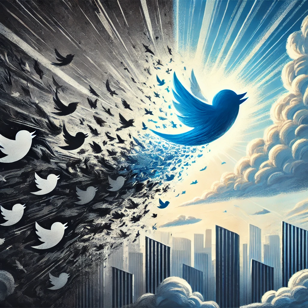 DALL·E 2025-03-04 20.35.27 – A symbolic digital artwork representing the transition from Twitter (now X) to Bluesky. The image shows a blue bird flying from a dark, chaotic citysc